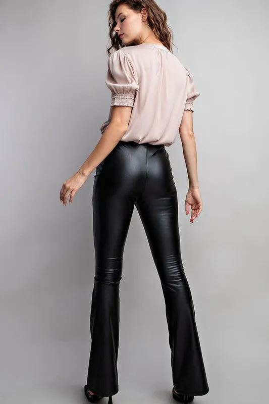 Faux Leather Flare Pants - Black