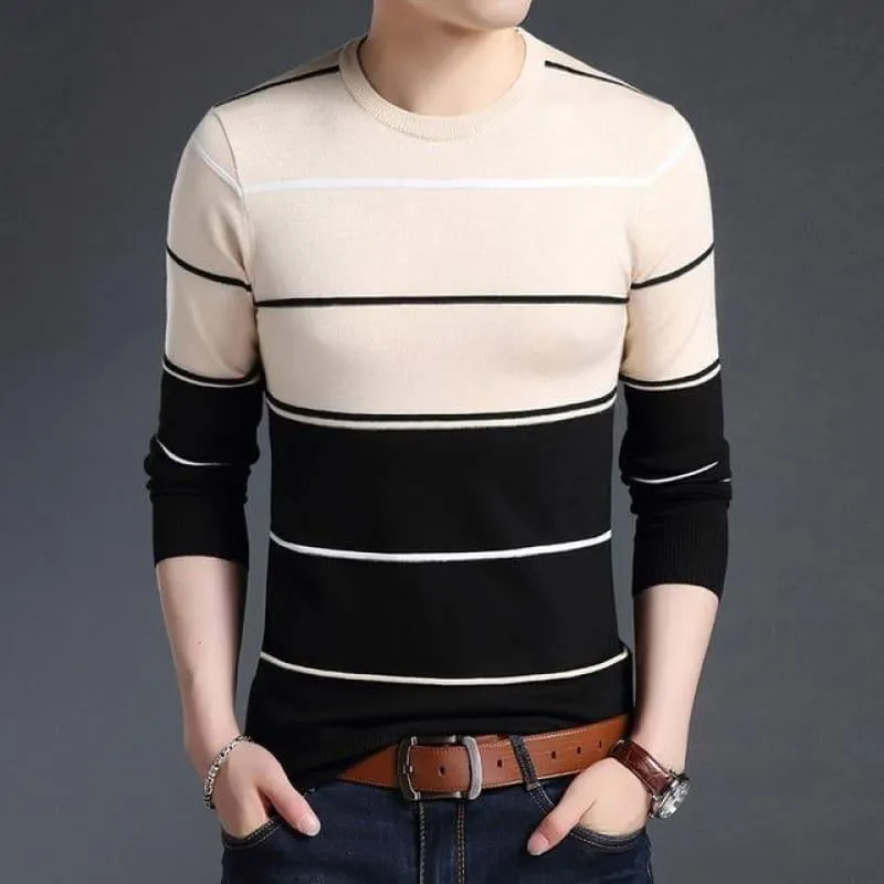 Pullover Striped Slim Fit Jumpers Knitted Woolen Autumn Korean Style Casual Men Long Sleeve Shirt