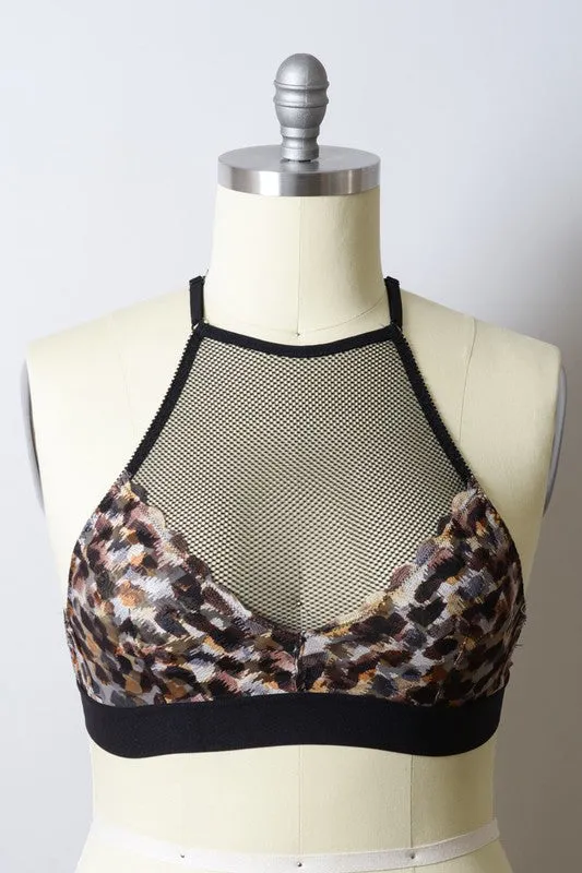 TEEK - Plus Size Multi-Brown Mesh Print High Neck Bralette